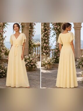 V-Neck Pale Yellow Maxi Dress with Tie-Waist